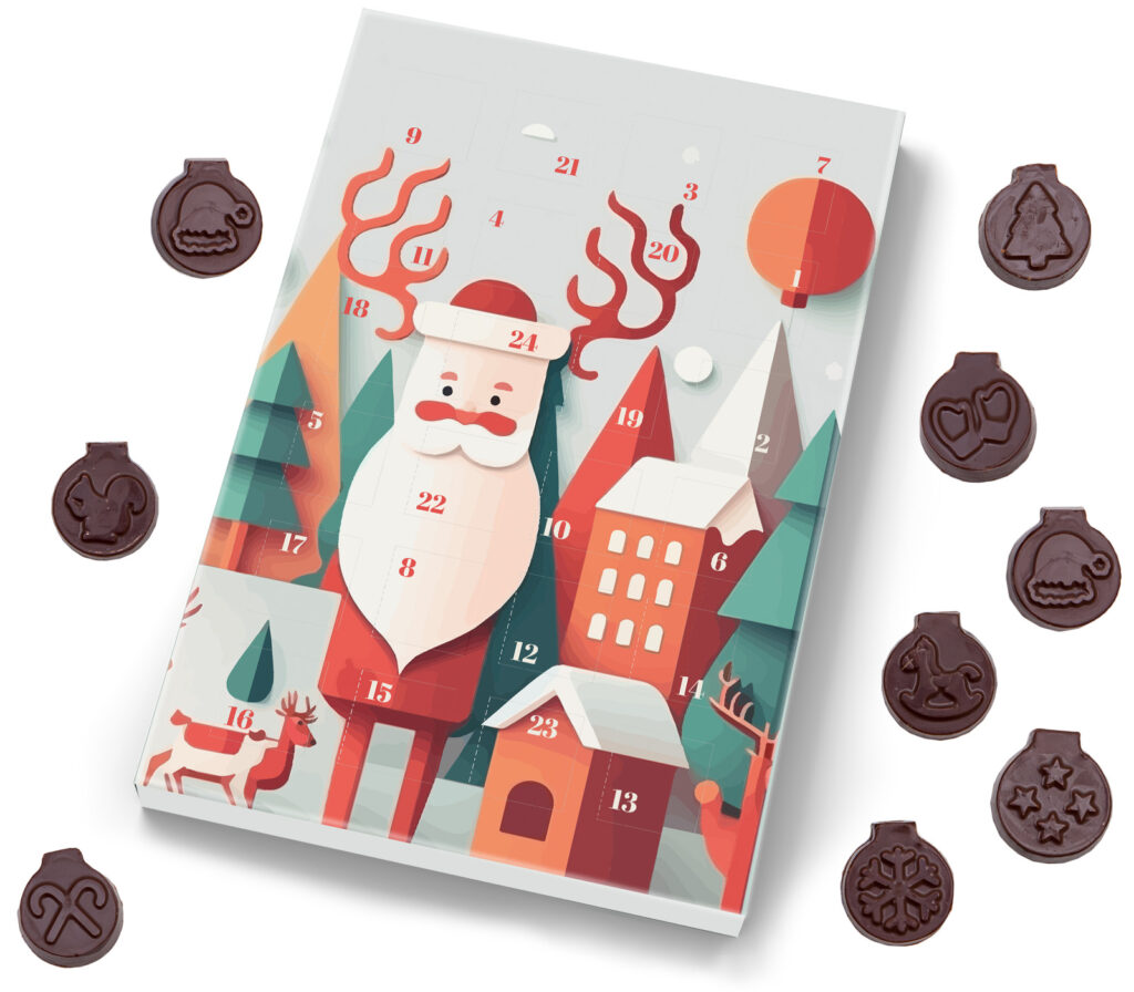 Upominek firmowy – kalendarz adwentowy z czekoladkami w kształcie bombek