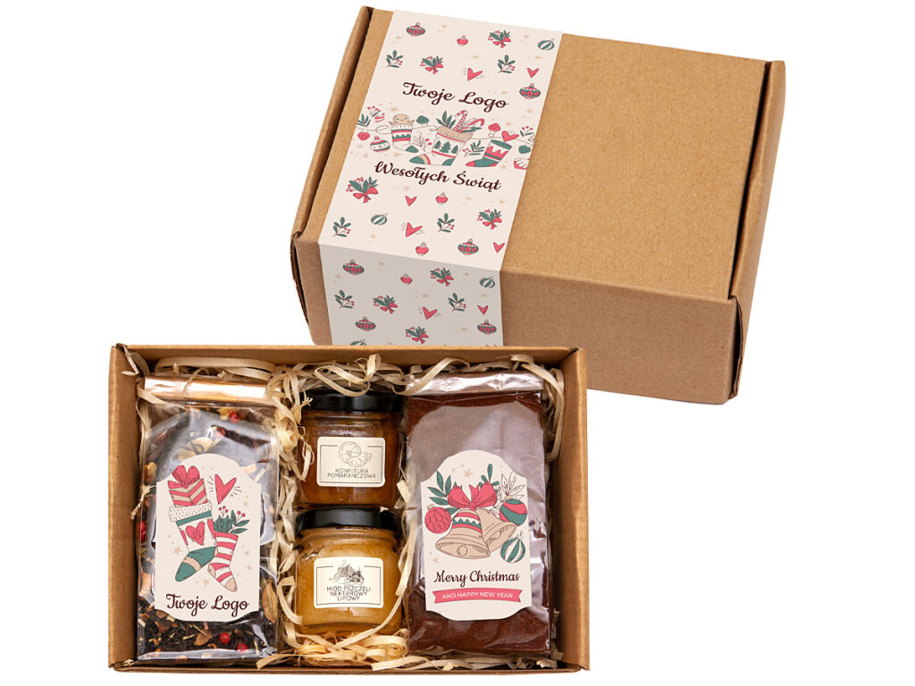 Świąteczny zestaw prezentowy z kartonową obwolutą i indywidualnym nadrukiem reklamowym