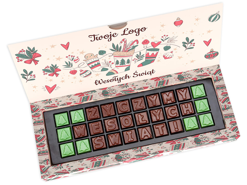 Czekoladowe życzenia świąteczne z logo w opakowaniu z kartonu