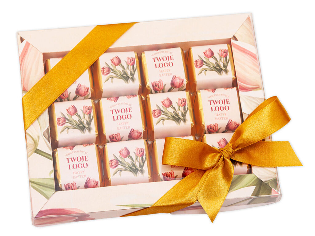 Ekskluzywna bombonierka BELLA z logo firmy – czekoladki w kolorowych owijkach