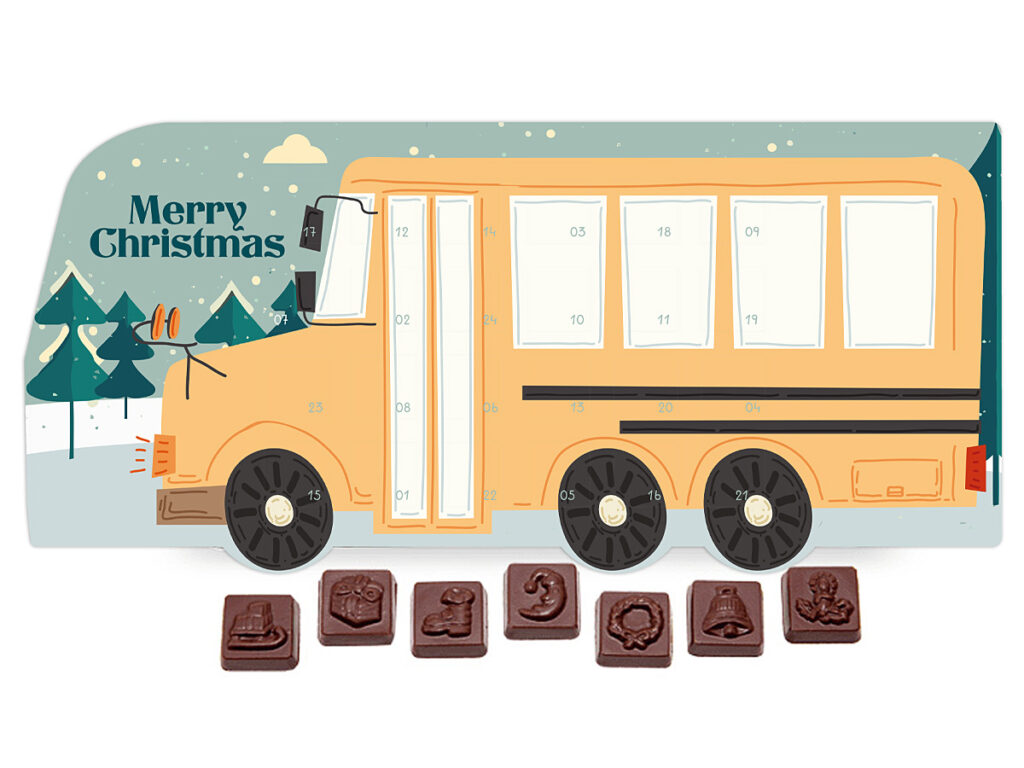 Świąteczny kalendarz w opakowaniu kartonowym w kształcie autobusu z numerowanymi okienkami i logo klienta