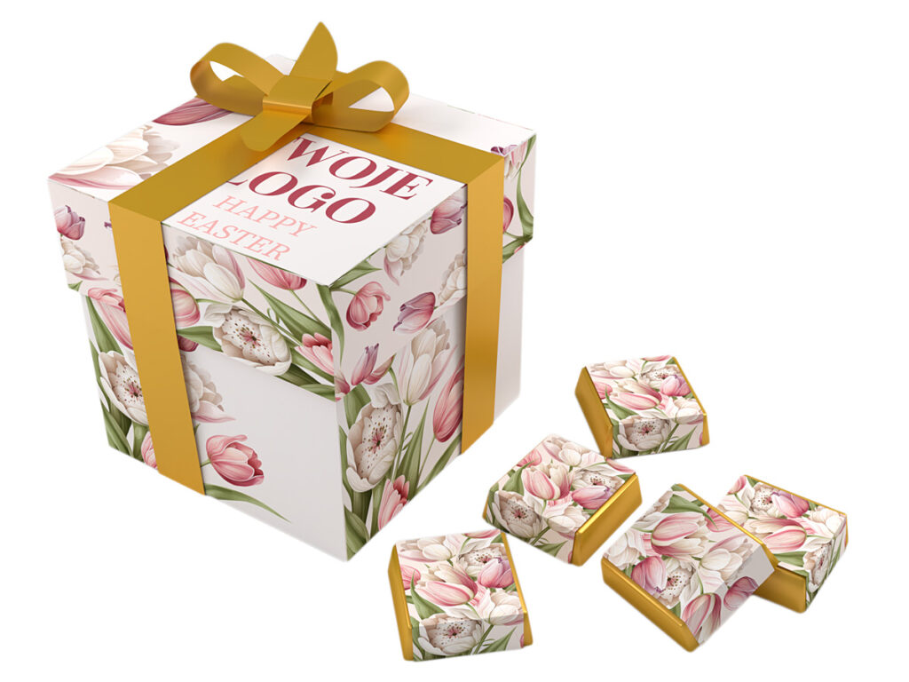 Zestaw 16 czekoladek z nadrukiem reklamowym i tłoczonym logo w eleganckim opakowaniu