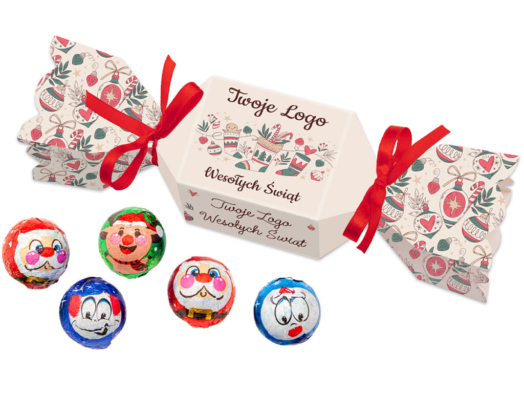 Upominek firmowy – zestaw pralin w cukierku z firmowym logo i ozdobną wstążką