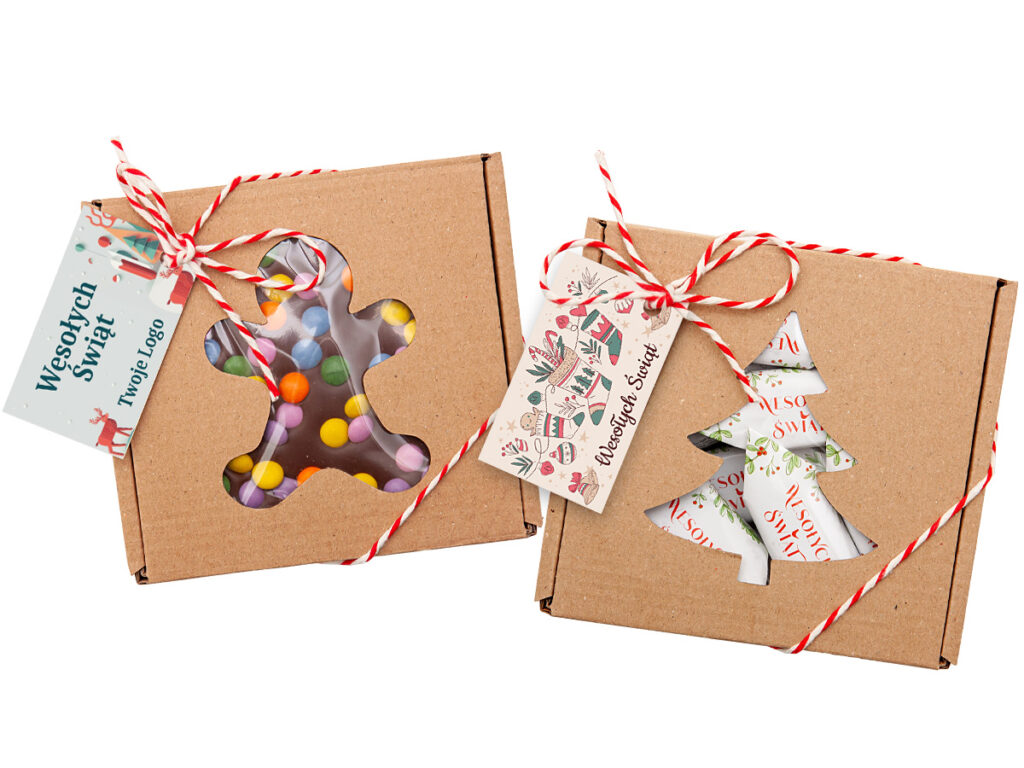 Personalizowany Winter Box ze świątecznymi pierniczkami i nadrukiem reklamowym na karnecie