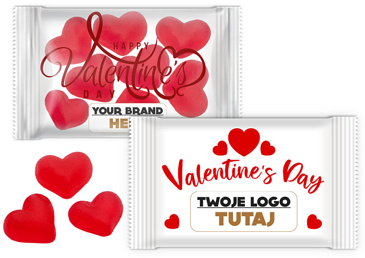 Żelki serca o smaku truskawkowym w torebce foliowej z nadrukiem reklamowym