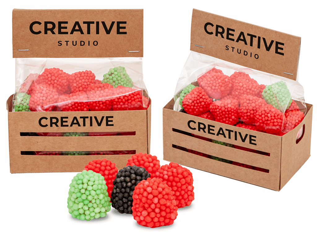 Personalizowany upominek reklamowy – żelki malinowe w mini skrzynce z logo firmy