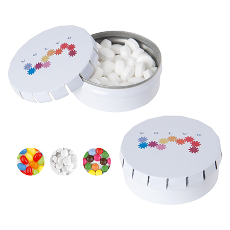 Upominek reklamowy – okrągła puszka z pastylkami miętowymi i nadrukiem z logo klienta