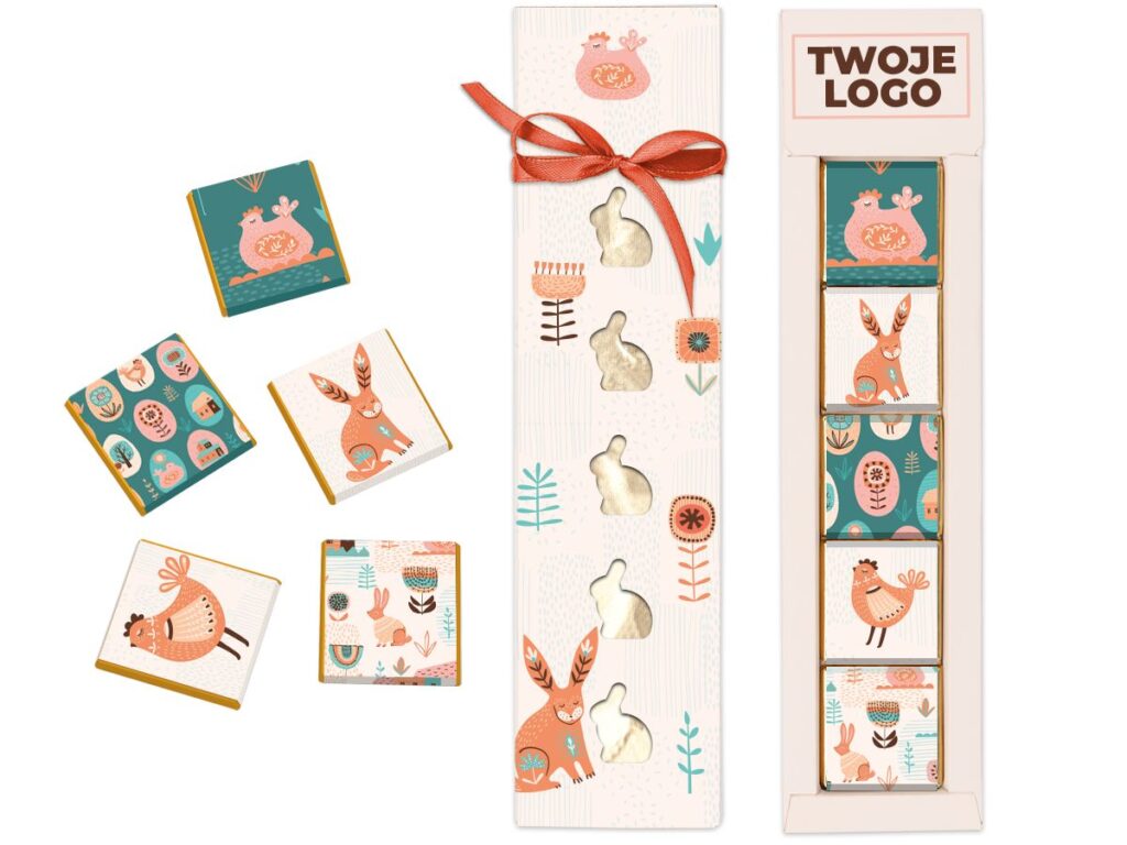 Personalizowany zestaw Choco Bunnies w eleganckim opakowaniu z logo klienta