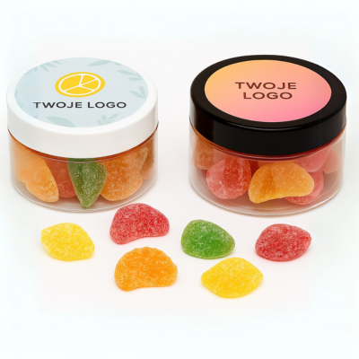 Żelki owocowe w przezroczystym opakowaniu z nadrukiem reklamowym