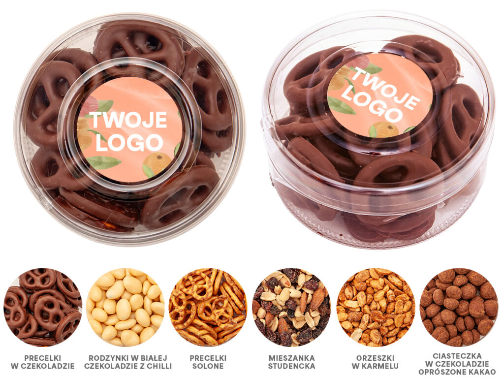 Ciasteczka w czekoladzie zapakowane w tubę z okrągłą etykietą reklamową