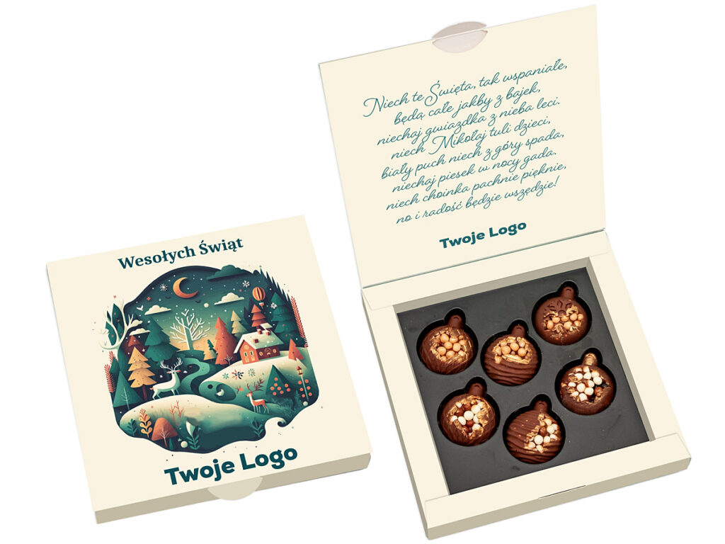 Czekoladowe bombki z chrupiącymi dodatkami w eleganckim opakowaniu z firmowym logo