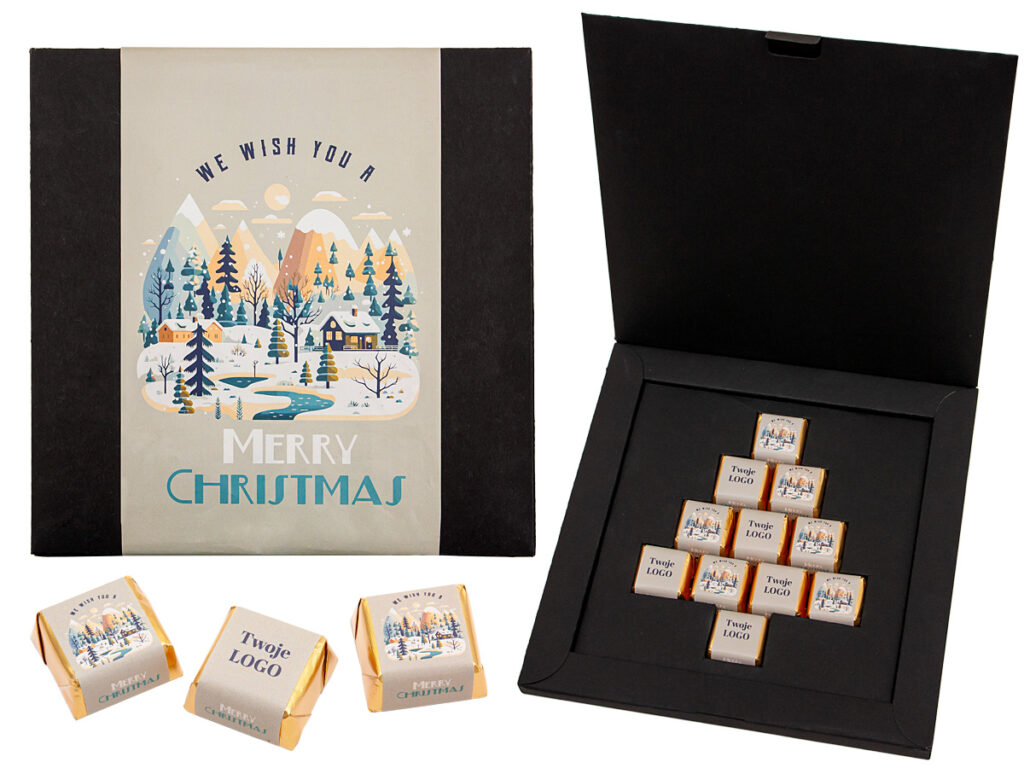 Personalizowany upominek świąteczny – czekoladki z nadzieniem pistacjowym i firmowym nadrukiem