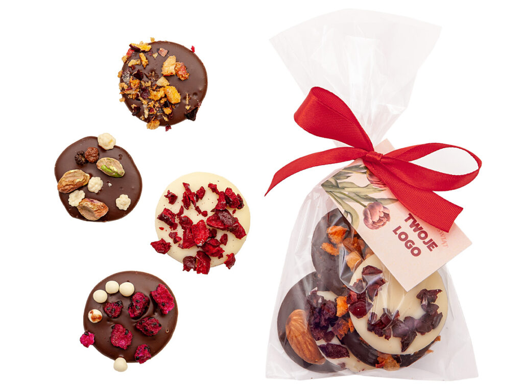 Talarki z mlecznej i białej czekolady w eleganckim opakowaniu z nadrukiem reklamowym