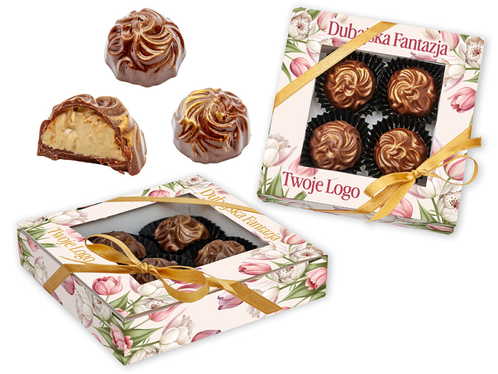 Elegancka bombonierka Dubajska Fantazja w kartonowym pudełku z nadrukiem reklamowym i