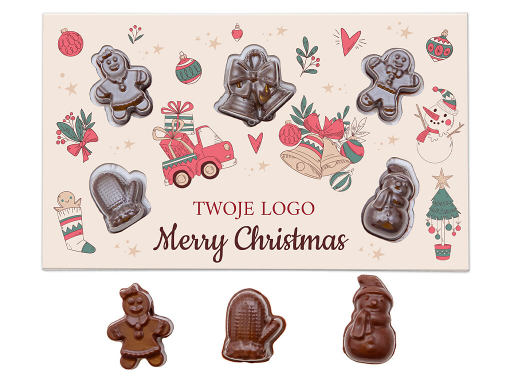 Upominek świąteczny – kartka z mleczną czekoladą w opakowaniu z logo firmy