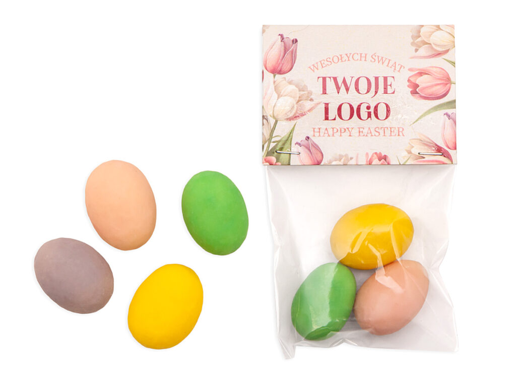 Migdały w kolorowej białej czekoladzie z logo firmy