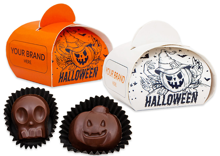 Upominek firmowy – czekoladki w kuferku Halloween z logo klienta