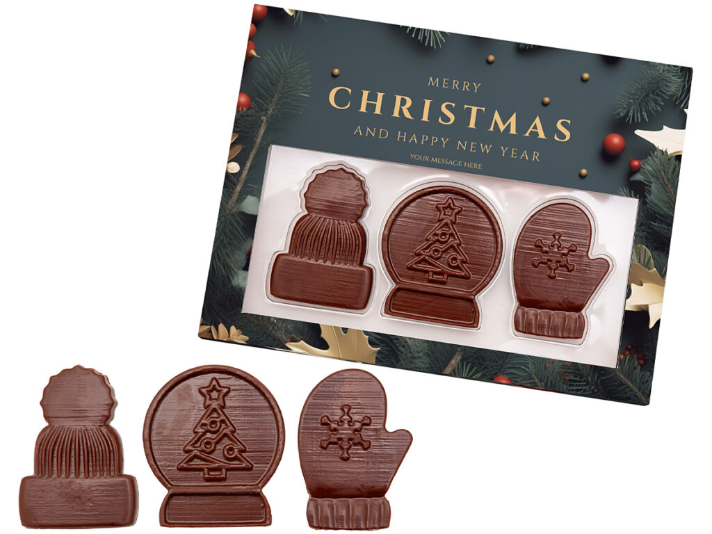 Zimowy zestaw czekoladek mlecznych w opakowaniu z okienkiem i nadrukiem firmowym